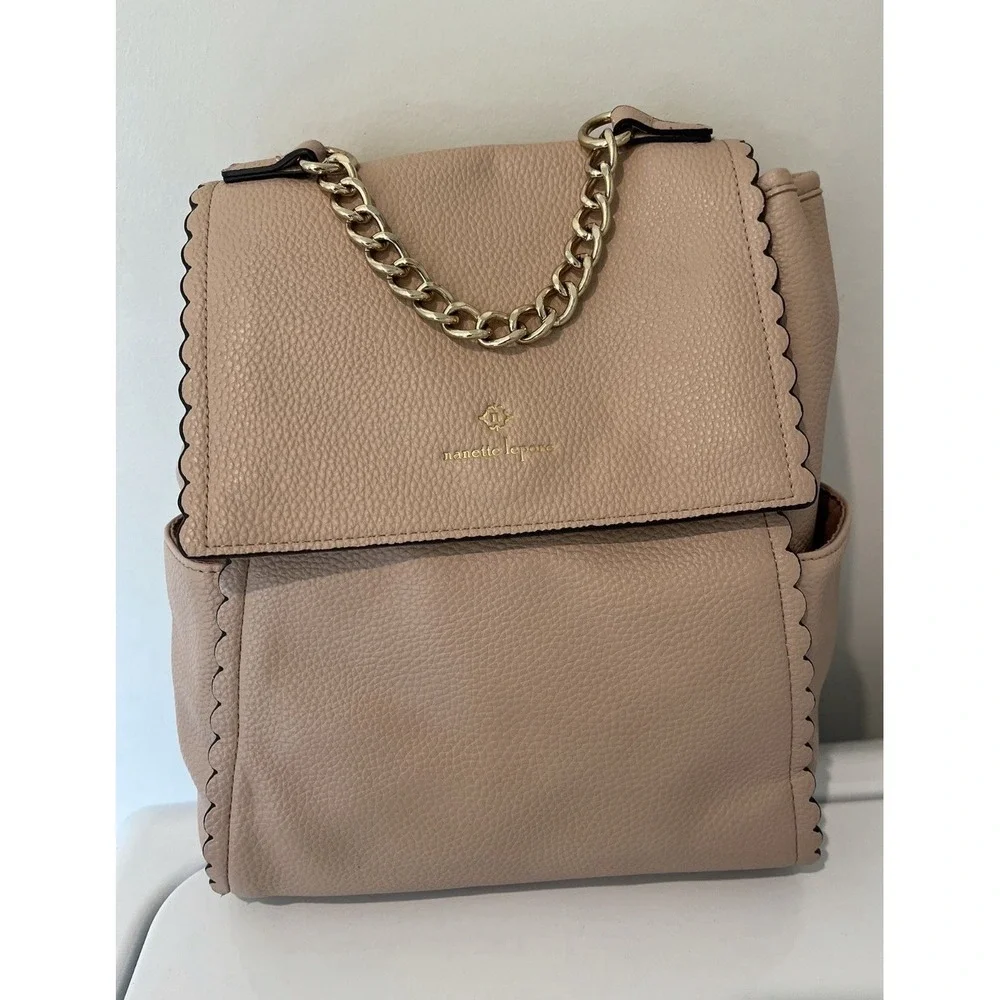 Nanette Lepore Blush Pink Scalloped Vegan Leather Backpack Gold Chain‎ Accent